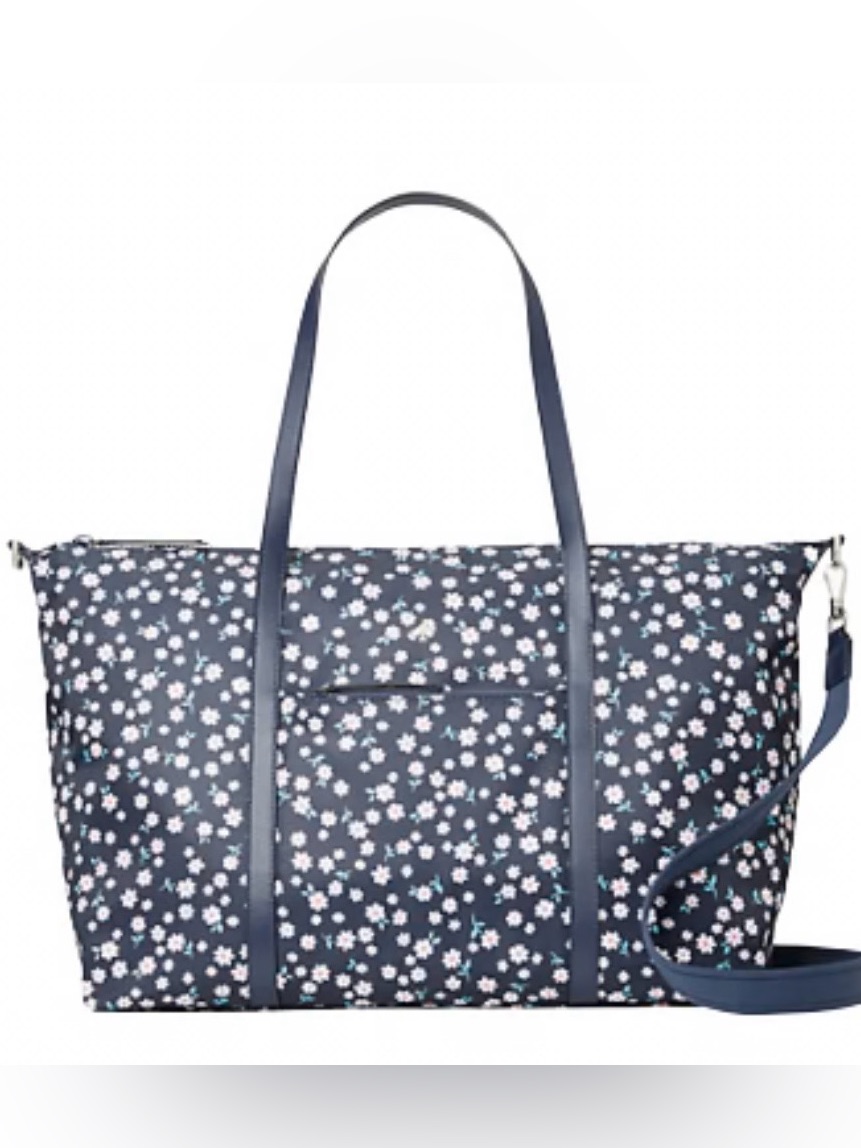 Kate Spade Navy Floral Weekender Bag With White Flowers